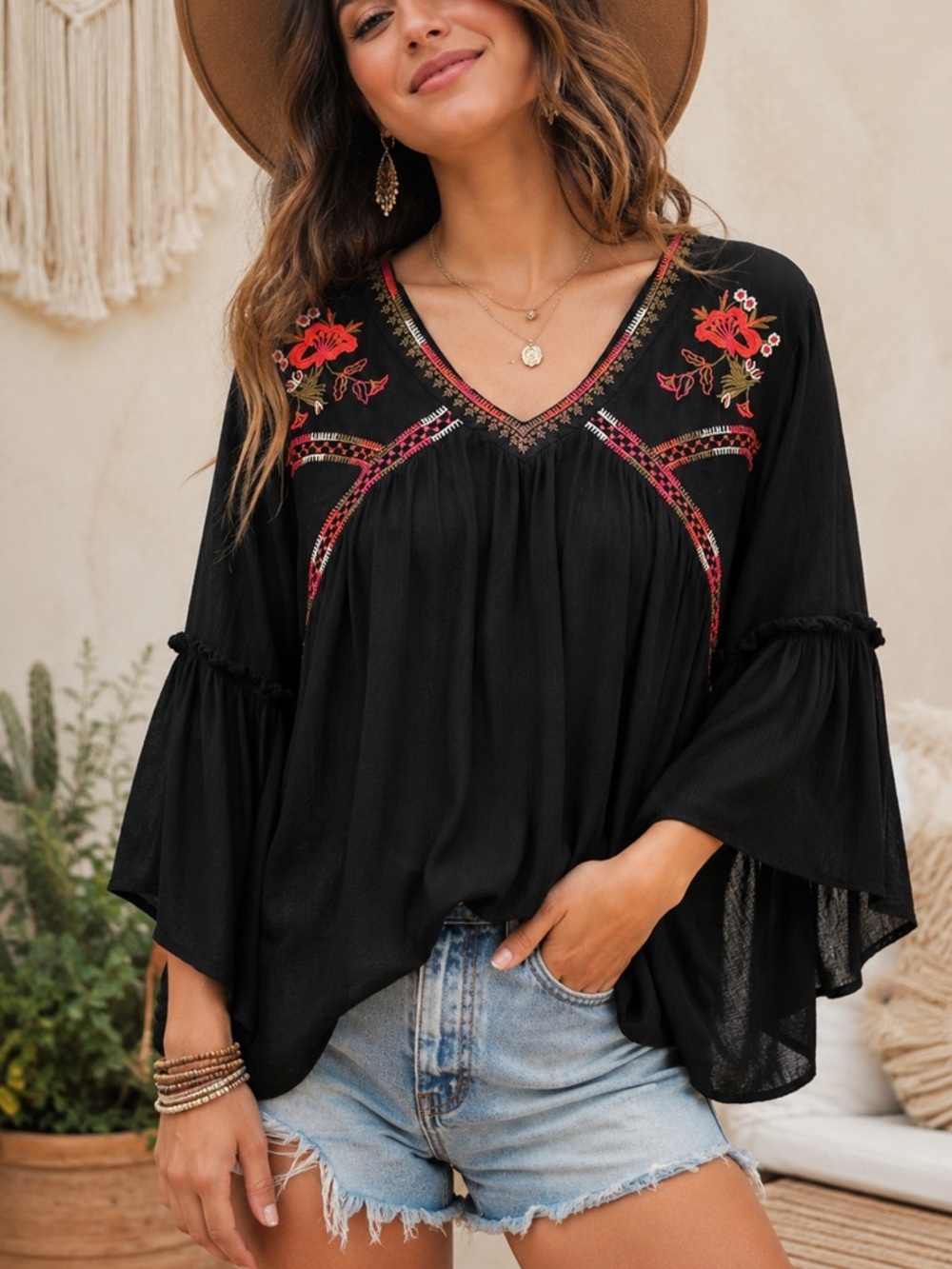 Umgee Embroidered Boho Bell Sleeve Peasant Top Black Small